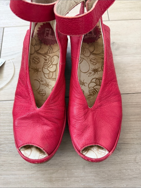 Fly London Shoes - Fly London Red Leather Peep-Toe Ankle Strap Wedges